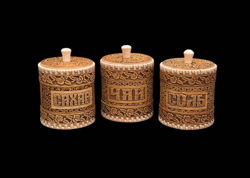 A set of three Hand-crafted antiseptic Birch Bark containers Sold/Sugar/Tea